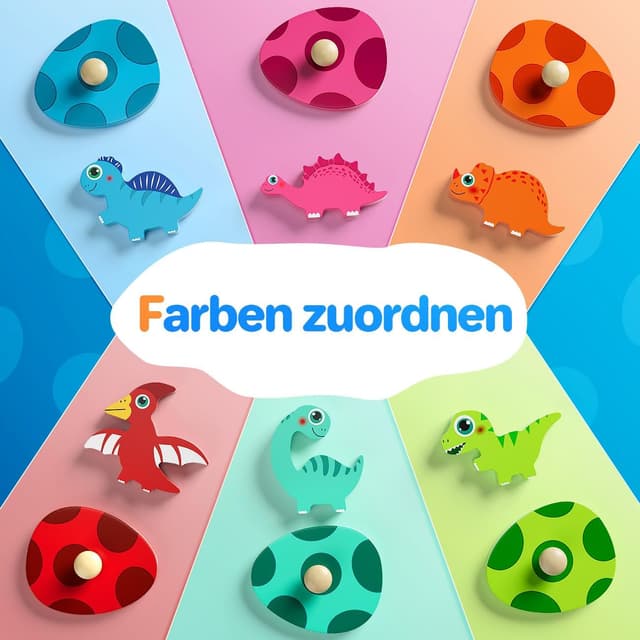 Detalle de Montessori Greifpuzzle ab 1 Jahr mit Dinosauriern und Tier-Eiern (Holzspielzeug, bunt) – Steck- & Sortierspiel für 12–36 Monate