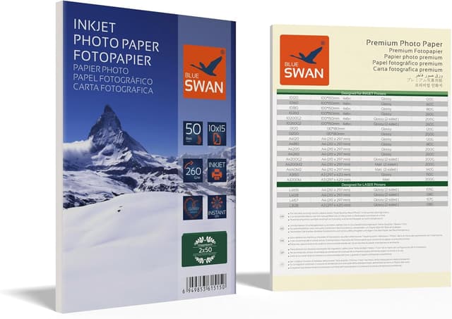 Detalle de BLUE SWAN Carta Fotografica Lucida 10×15 cm, 260 g/m² – 100 fogli (2×50) a asciugatura rapida