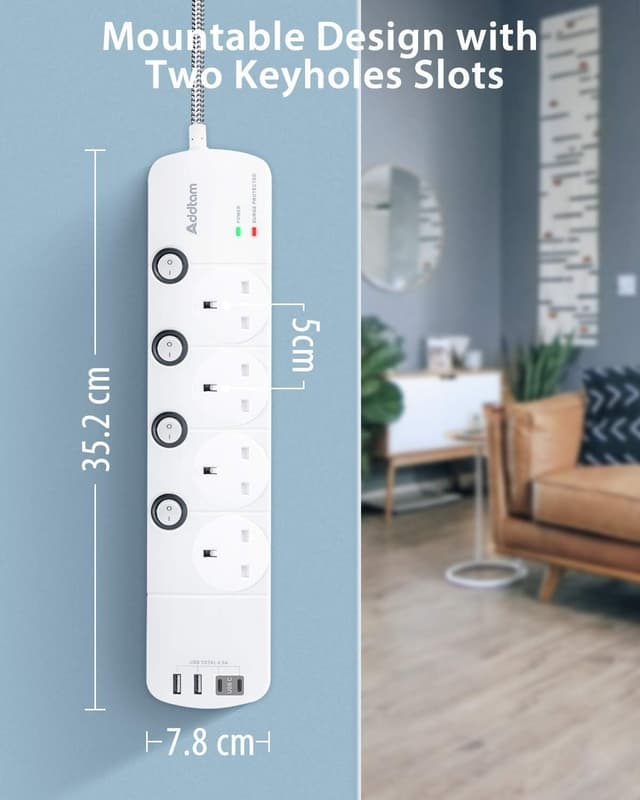 Detalle 1 de 4-Way Extension Lead 1.8m with 4 USB and Surge Protector 🔌