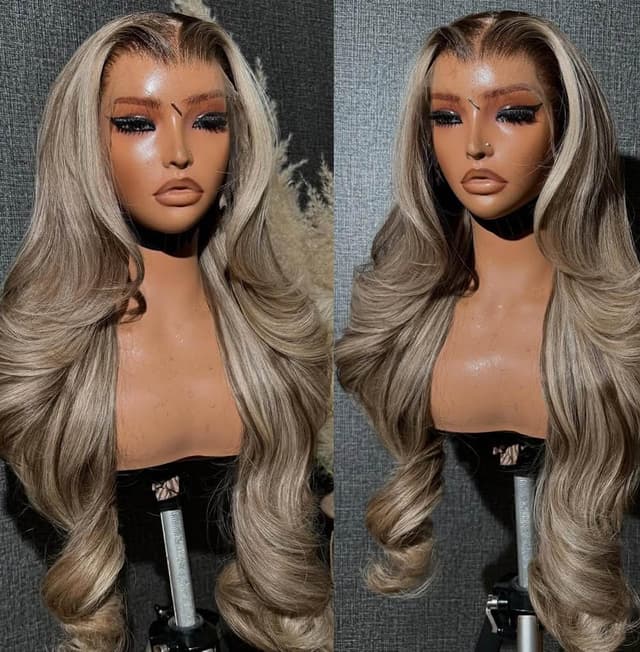 Detalle 2 de Rina 13x6 Ombre Milk Tea Ash Blonde Lace Front Wig (Human Hair, 210% Density) — 28 inch