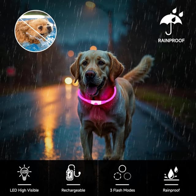 Detalle de Leuchthalsband für Hunde aufladbar (LED) – wasserdicht, 3 Lichtmodi, Rosa, 70 cm