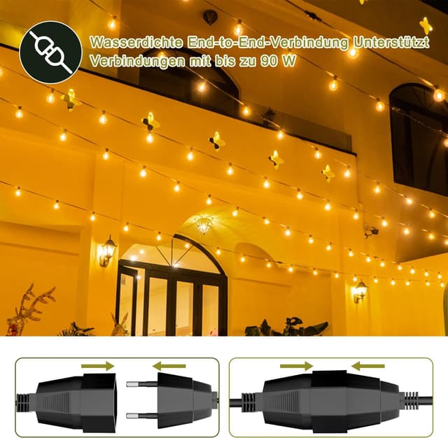 Detalle de Kawaya 15 m LED-Lichterkette außen (IP65) mit 25+2 bruchsicheren G40-Glühbirnen, warmweiß, dimmbar