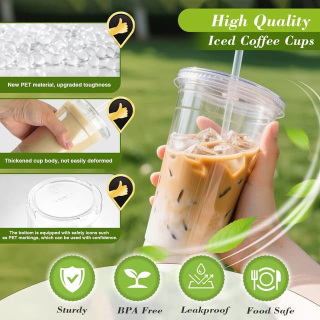 Detalle de Ginkgo 32 oz Clear Plastic To-Go Cups with Lids and Jumbo Straws (50 Pack)