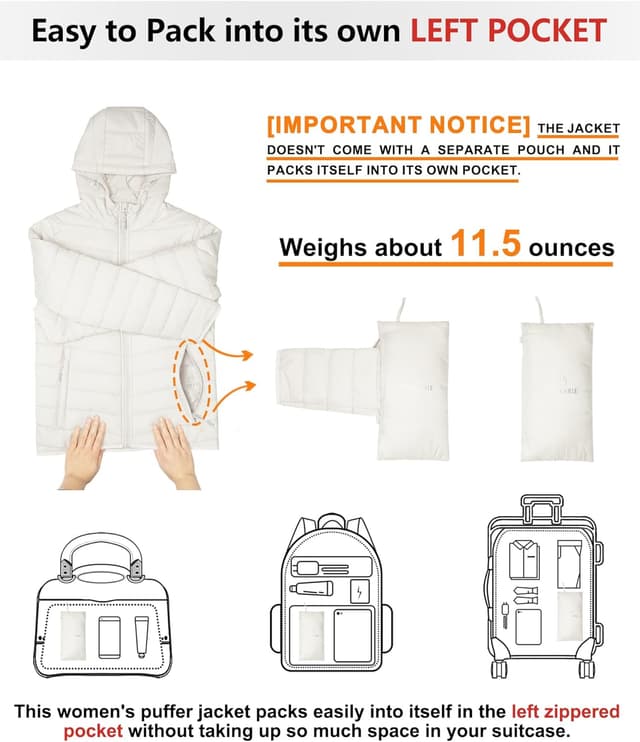 Detalle 2 de Outdoor Ventures Women’s Winter Lightweight Puffer Jacket with Hood – Packable, Quilted & Warm for Travel