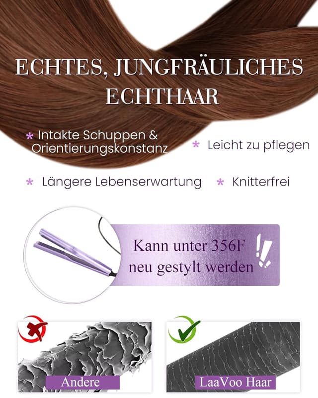 Detalle de LaaVoo Bonding Extensions aus Echthaar mit Keratin, Rotbraun (Pre-Bonded #33), 35 cm