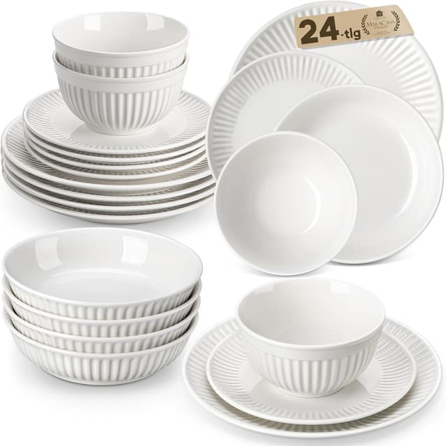 Detalle de MALACASA Geschirrset für 6 Personen (24-tlg) aus Porzellan – Serie LEILA in Weiß