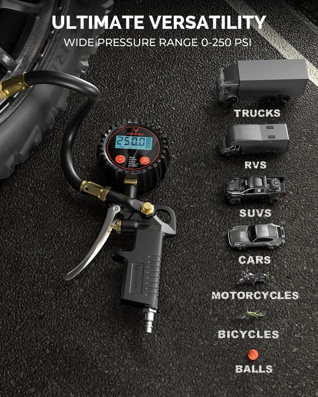 Detalle de ETENWOLF T500 Digital Tire Pressure Gauge with Inflator (0–250 PSI) — ANSI B40.7 Grade 2A