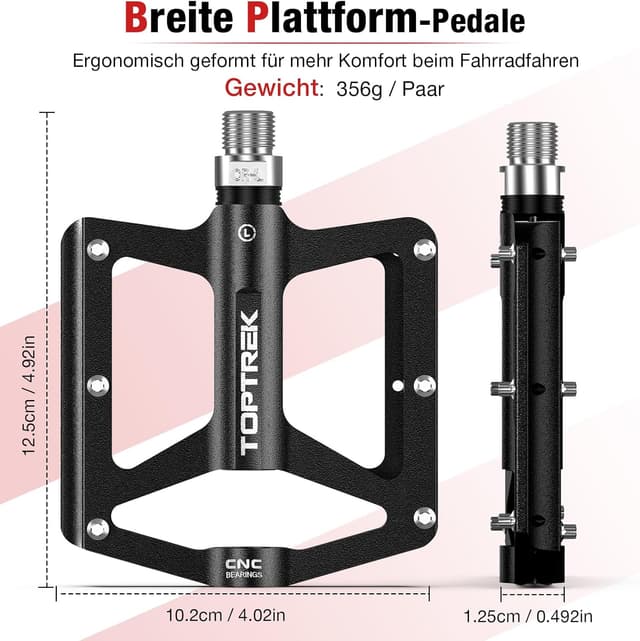 Detalle de toptrek CNC-Aluminium Fahrradpedale (MTB/9/16 Zoll) mit 3 abgedichteten Lagern und rutschfesten Pins