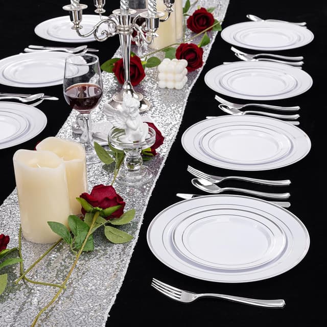 Detalle de 200-Pack Silver Plastic Plates (100 Dinner + 100 Dessert) — BPA-Free Disposable Party Tableware