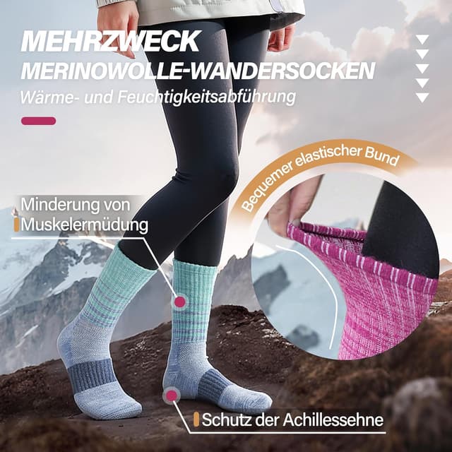 Detalle de MOSEY KOSY Merino Damen-Wandersocken (Thermosocken), 5 Paar – atmungsaktiv & gepolsterte Fußsohle