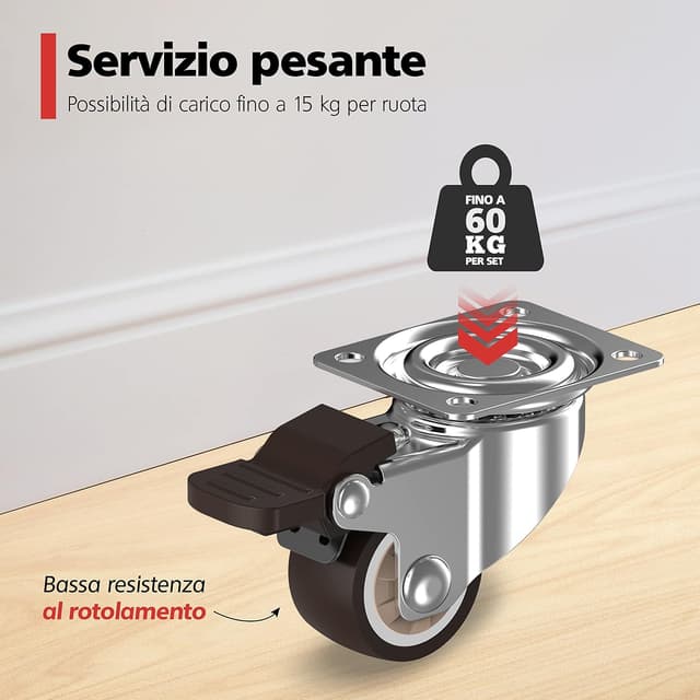 Detalle de RAVN HAMAN set di 4 ruote pivottanti con freno per mobili da 25 mm, fino a 15 kg per ruota