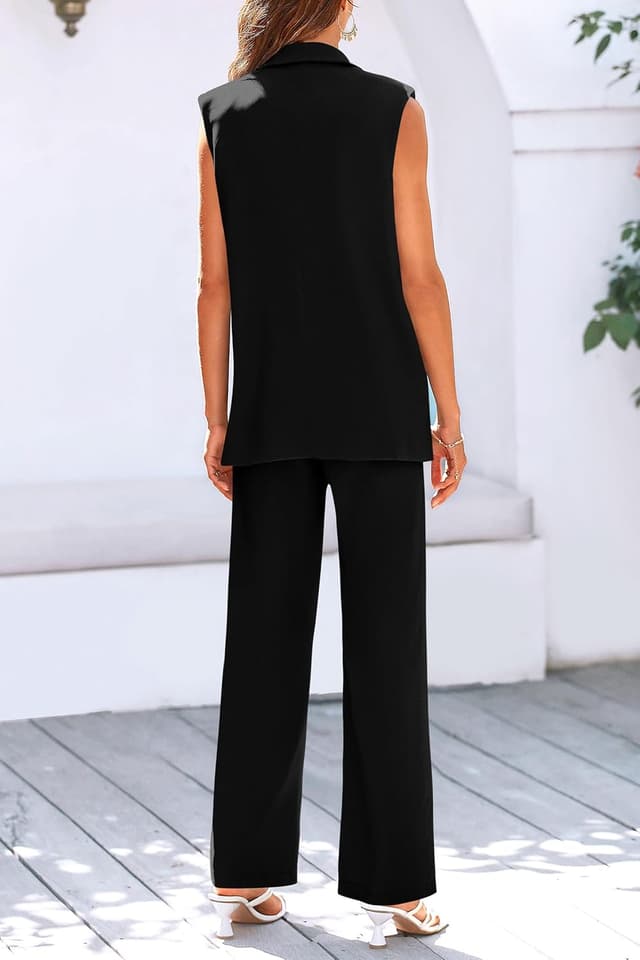 Detalle de PRETTYGARDEN Women’s 2-Piece Sleeveless Blazer Vest & Wide-Leg Pants Suit Set