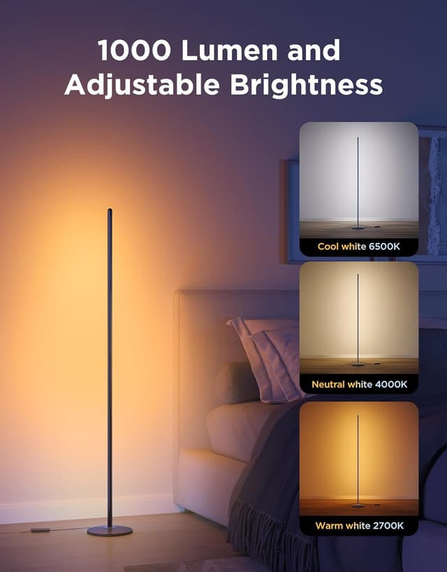 Detalle de Govee LED Floor Lamp (RGBIC Modern Corner Lamp) with 61 scene modes, music sync and app/voice control, black