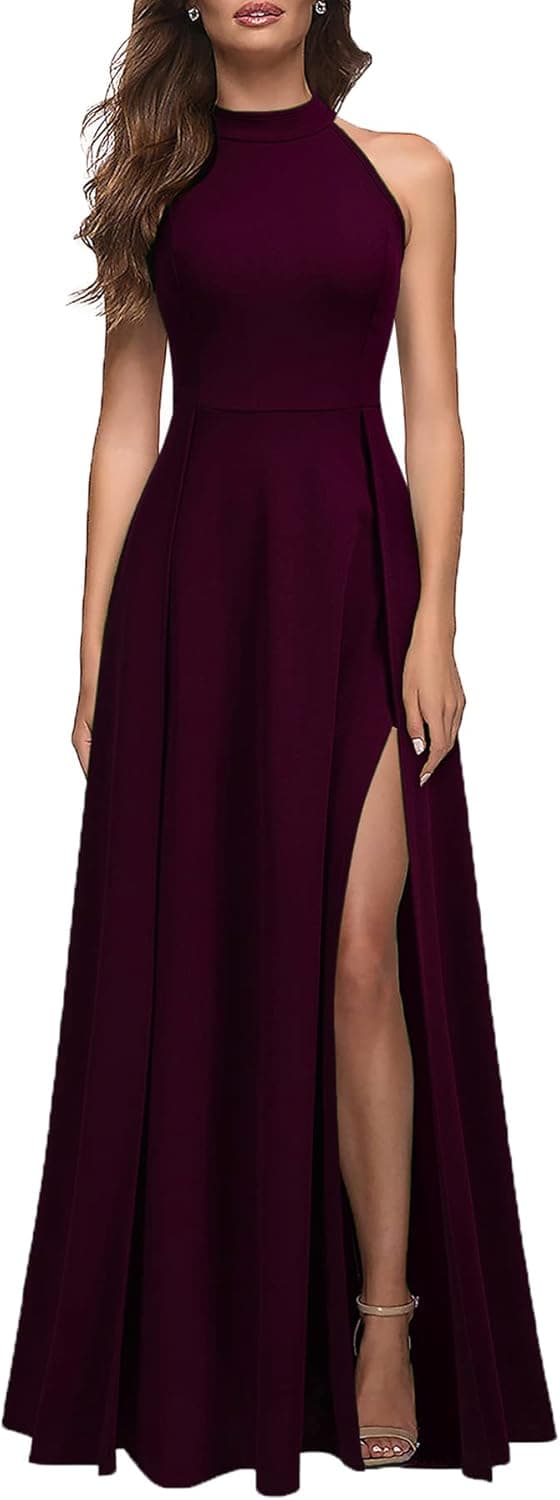 Detalle de MUSHARE Women’s Halter Neck Split Maxi Formal Dress (Bodycon Cocktail Party Style)