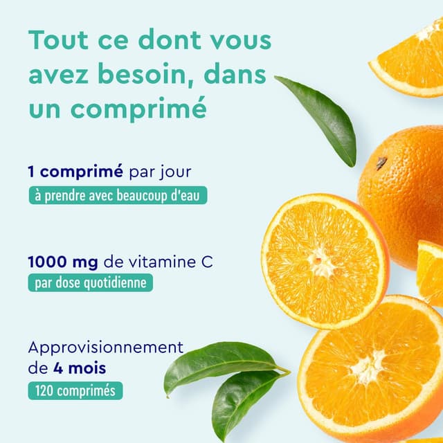 Detalle 2 de Vitamine C 1000 mg en comprimés (120 comprimés) — acide ascorbique pur, cure de 4 mois