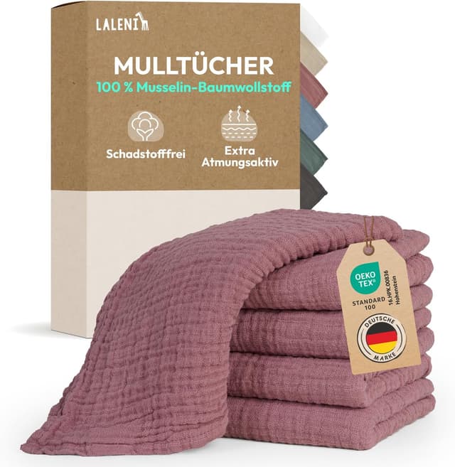 Detalle de Laleni Spucktücher Baby 5er-Set aus reiner Baumwolle (Musselin) – schadstofffreie Mulltücher 70x70, rosa