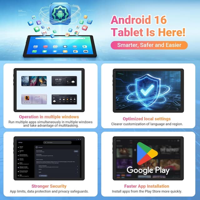 Detalle 2 de Gleeso 10-inch Android 16 Tablet (16GB RAM, 1TB TF, Widevine L1, BT 5.4/5G WiFi) with Face Unlock – Black