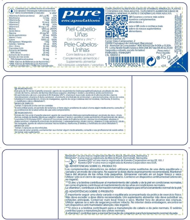 Thumbnail 1 de PURE ENCAPSULATIONS Piel, Cabello y Uñas, Biotina y Zinc 💊