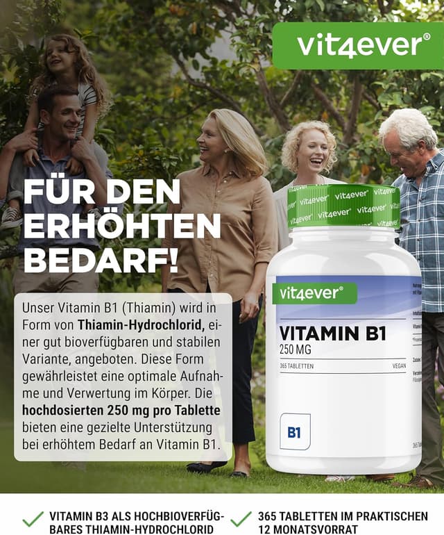 Detalle de vit4ever Vitamin B1 (Thiamin) 250 mg – 365 Tabletten für 12 Monate (vegan)