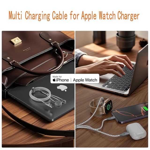 Detalle de Multi Charging Cable for Apple Watch Charger 4FT — 3-in-2 Magnetic Apple Watch + Lightning + USB-C Charging Cord