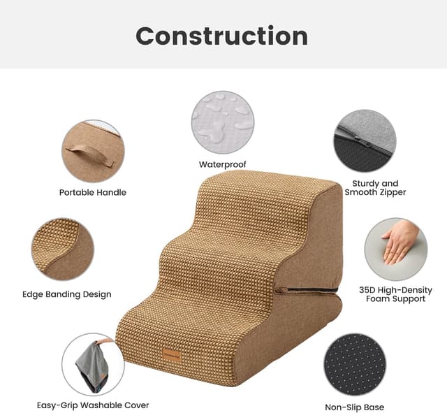 Detalle 2 de Gardner Pet Hundetreppe für kleine Hunde (35/42 cm) – 3 Stufen mit hochdichtem Schaumstoff & rutschfester, abnehmbarer Hülle