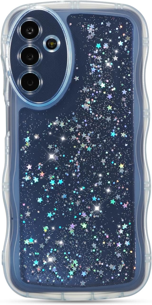 Detalle de ZTOFERA Clear Curly Wave TPU Case for Samsung Galaxy A14 4G/5G (6.6-inch) – Blue Sparkle Star Glitter