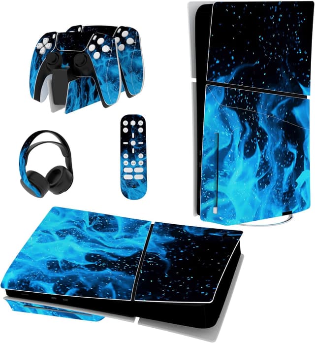 Detalle de playvital Full Set Skin Sticker for PS5 Slim Disc Edition (Blue Flame) – vinyl decals for console, controller, headset & more