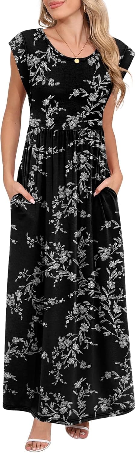 Detalle de DB MOON Women’s 2026 Empire Waist Maxi Dress with Pockets (Cap Sleeve Sundress)