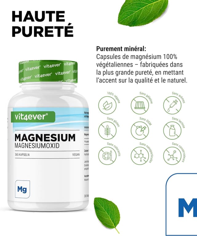 Detalle de Vit4ever Magnésium à haute dose – 365 gélules (réserve annuelle) : 400 mg de magnésium élémentaire