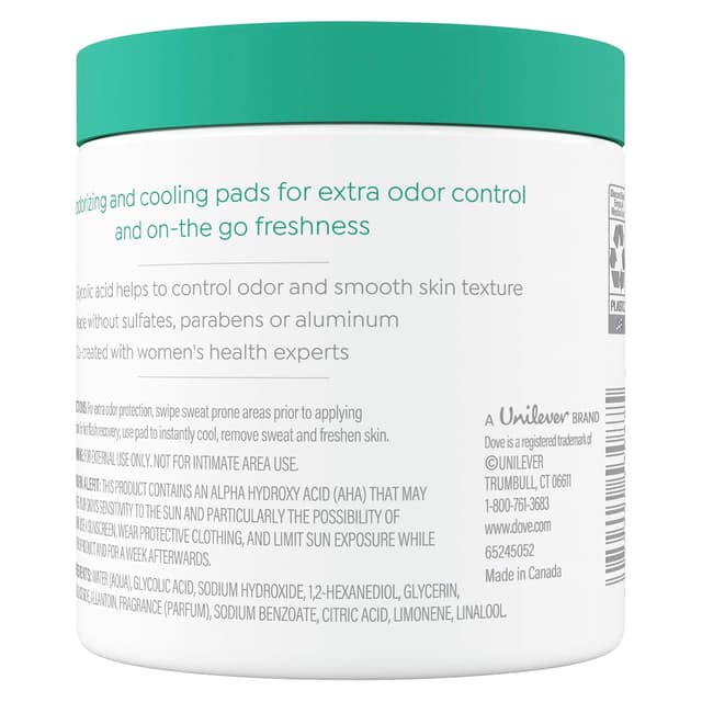 Detalle de Dove Deodorant Cleansing Pads for Women (Fresh Water Lily) — 60 Cooling, Odor-Neutralizing Wipes with Glycolic Acid