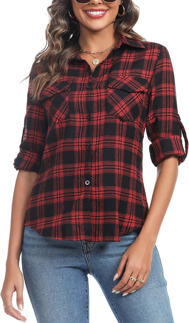 Detalle de Irevial Blouses chic en coton à carreaux, boutonnée, manches longues