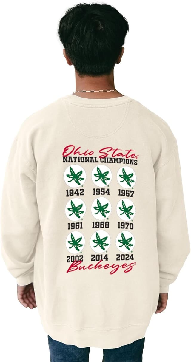 Detalle de Ohio State Buckeyes 2024 National Champs Crewneck Sweatshirt (Officially Licensed) — Dyed Ivory