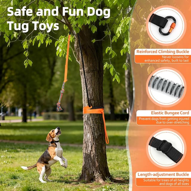 Detalle de Tivray Outdoor Bungee Tug Toy with 3 Dog Chew Ropes (Tree Hanging Bungee Tugger) – Orange/Black