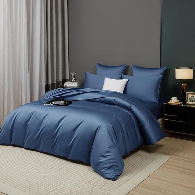 Thumbnail 6 de Luofanfei Mako Satin Baumwolle Bettwäsche-Set 155x220 Blau kühlend, glatt (1 Bettbezug + 2 Kissenbezüge 80x80)