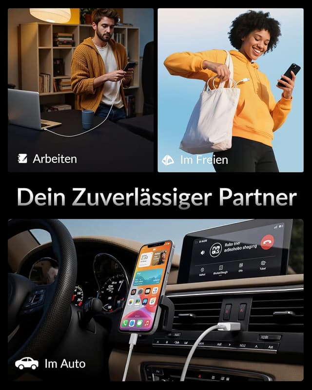 Detalle 2 de USB-A auf USB-C CarPlay Kabel (2er-Set, 1 m) für iPhone & Android – 3A Schnellladen, 480 Mbit/s Datensync