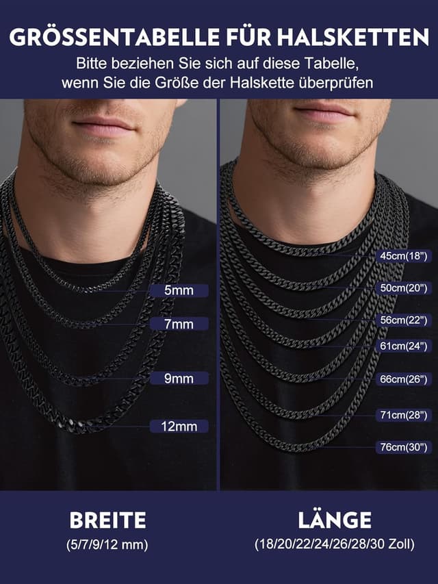 Detalle de Bandmax Panzerkette Herren aus 316L Edelstahl – kubanische Gliederkette 5/7/9/12 mm in Schwarz, Silber, Gold