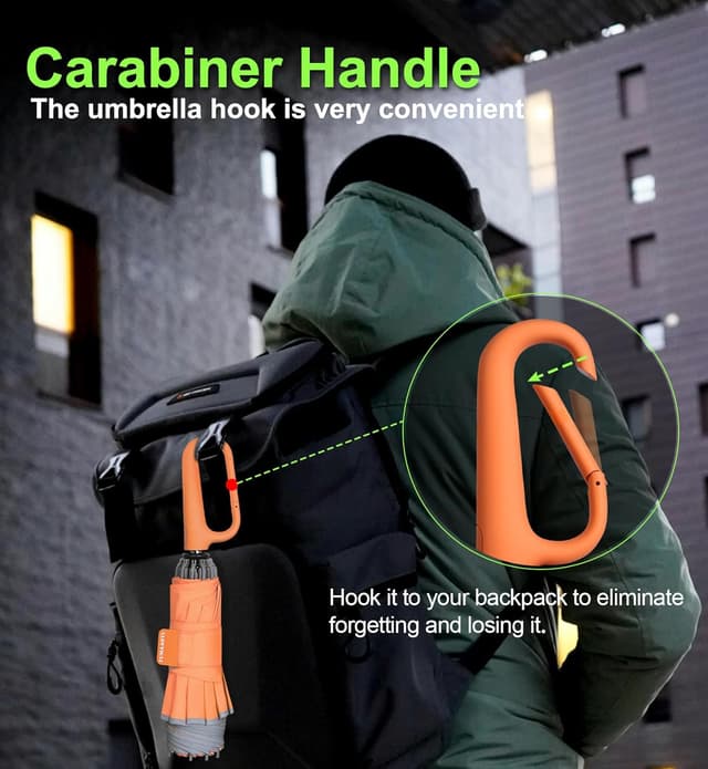 Detalle 2 de TUMAAOTU Compact Inverted Umbrella with Never Forget Carabiner Handle – windproof travel umbrella, auto open/close