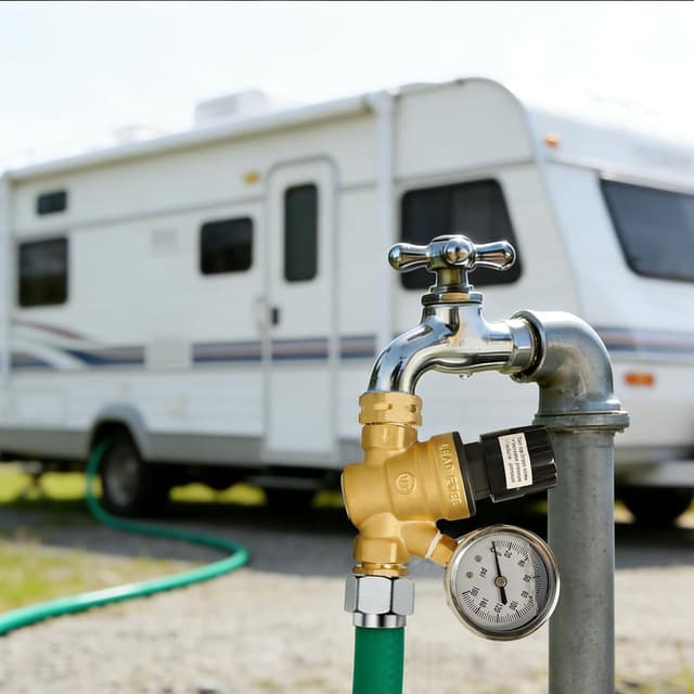 Detalle 2 de Hourleey RV Water Pressure Regulator (Adjustable Handwheel, Brass) with Gauge & Inlet Screen Filter