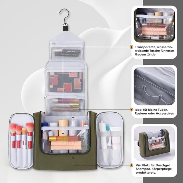 Detalle 2 de Voniobuy Groß Kulturbeutel 4-in-1 mit drehbarem Haken – wasserdichte Kulturtasche zum Aufhängen (27 x 22,5 x 11 cm)