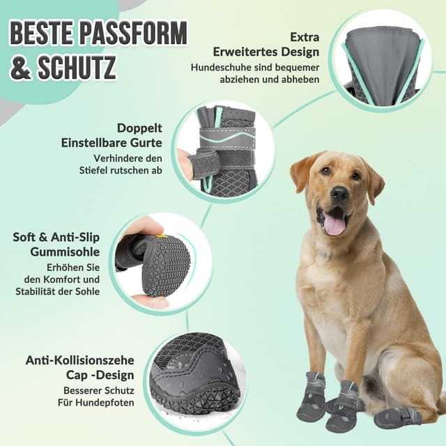 Detalle de SlowTon Hundeschuhe Pfotenschutz – 4er-Set atmungsaktive Outdoor-Schuhe mit rutschfester Sohle