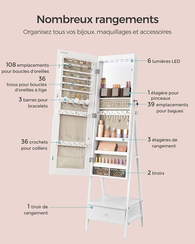 Thumbnail 2 de SONGMICS Armoire à Bijoux Miroir LED sur Pied