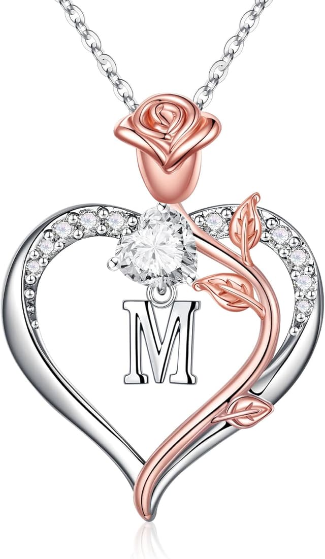 Detalle de TINGN Rosen-Herz Halskette für Damen, 14K Weißgold vergoldet mit CZ Herz-Anhänger – Geschenkidee