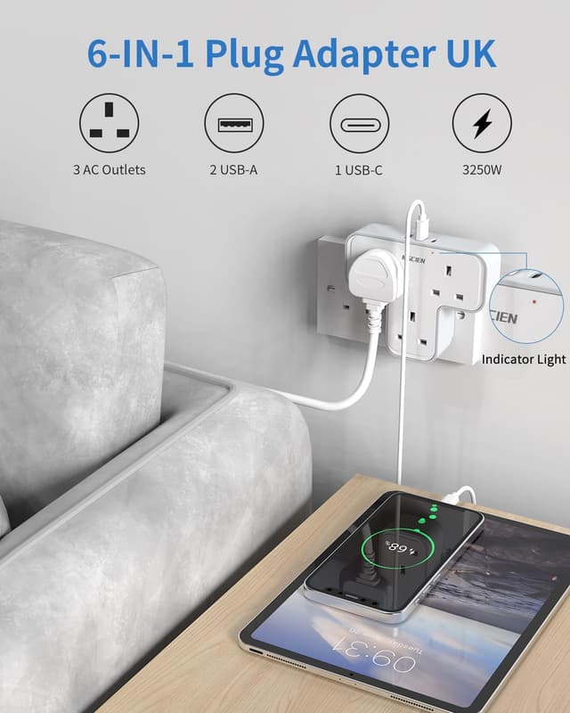 Detalle 2 de Mscien 3‑Way Plug Extension with 3 USB, 13A 🔌