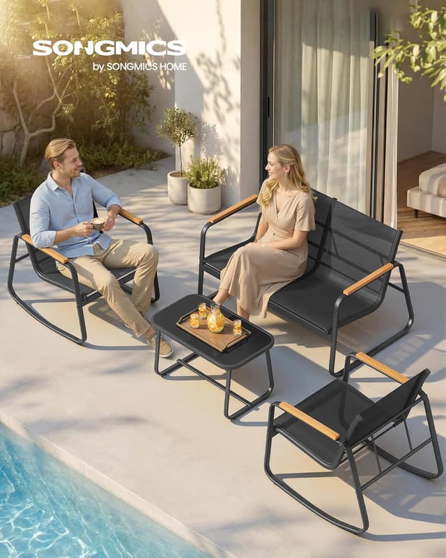 Detalle de SONGMICS Gartenmöbel-Set GGF0028B01: 2 Schaukelstühle mit Tisch & Gartenbank für Balkon und Terrasse