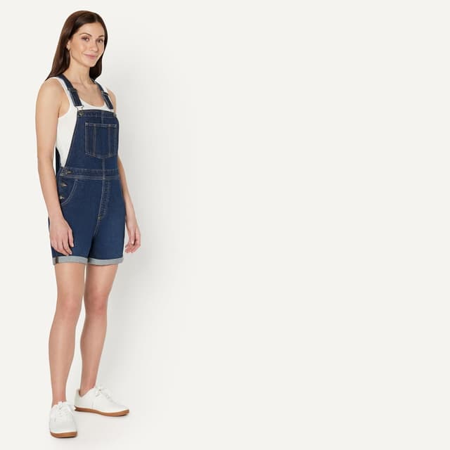 Detalle 2 de Amazon Essentials Damen Denim-Short-Overall mit Stretch & verstellbaren Trägern (Relaxed Fit)