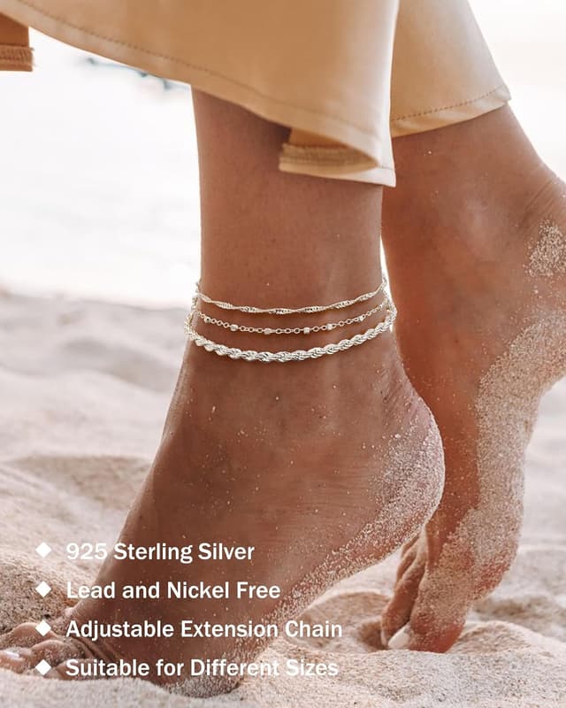 Detalle de CASSIECA Silber/Gold Fußkettchen Set (925 Sterling Silber) – verstellbar, stapelbar, wasserfest