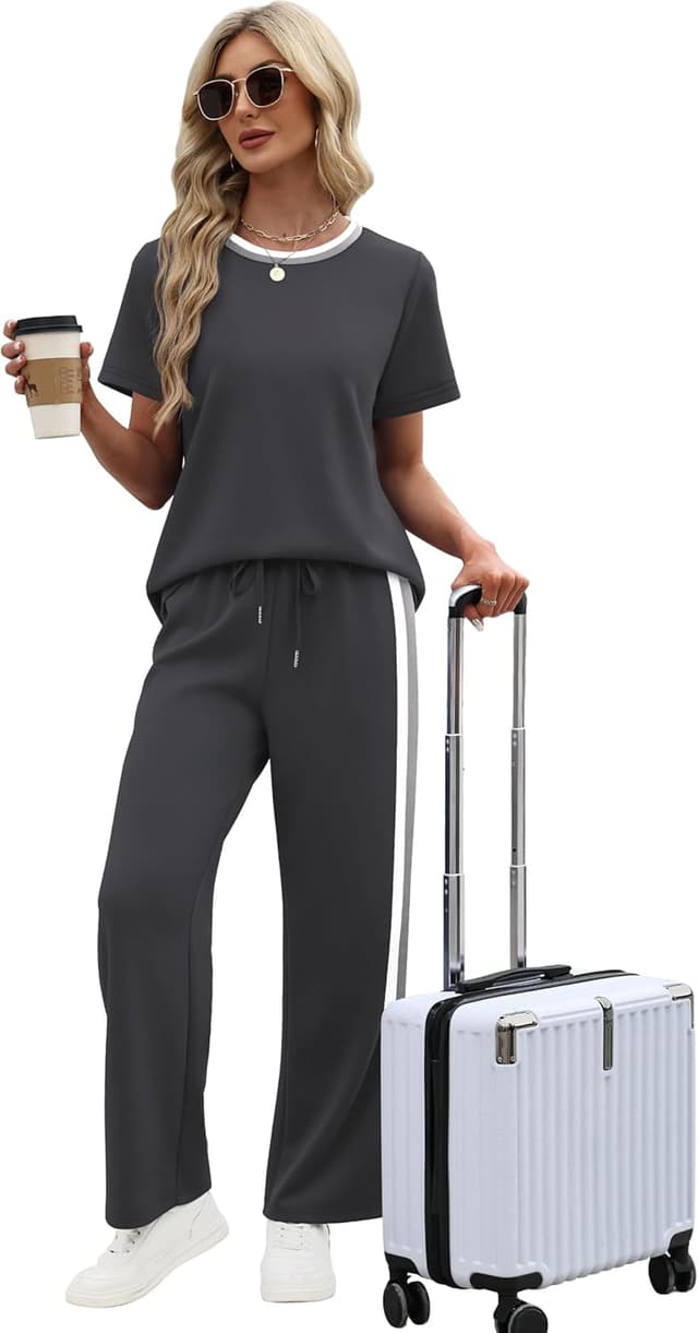 Detalle de WIHOLL 2-Piece Lounge Set for Women (Short Sleeve Top + Wide-Leg Pants)