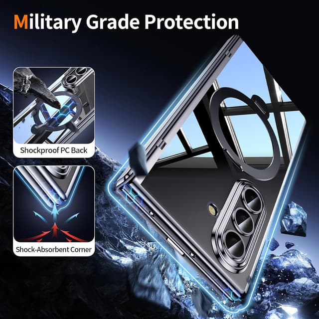 Detalle de Clear for Galaxy Z Fold 7 Case with Privacy Screen Protector, Magsafe Fit, Magnetic Kickstand & Ring Holder (Hinge Protection) - Black