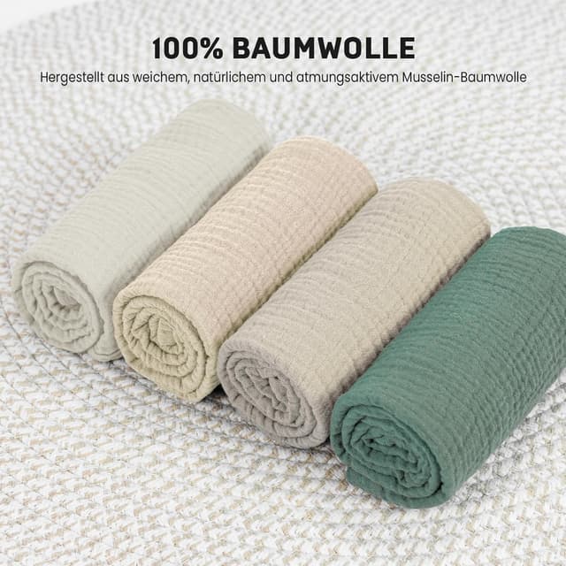 Detalle de IKWOLETI Mulltücher Baby (4er-Set) aus Musselin-Baumwolle, 60x60 cm – Grau & Grün