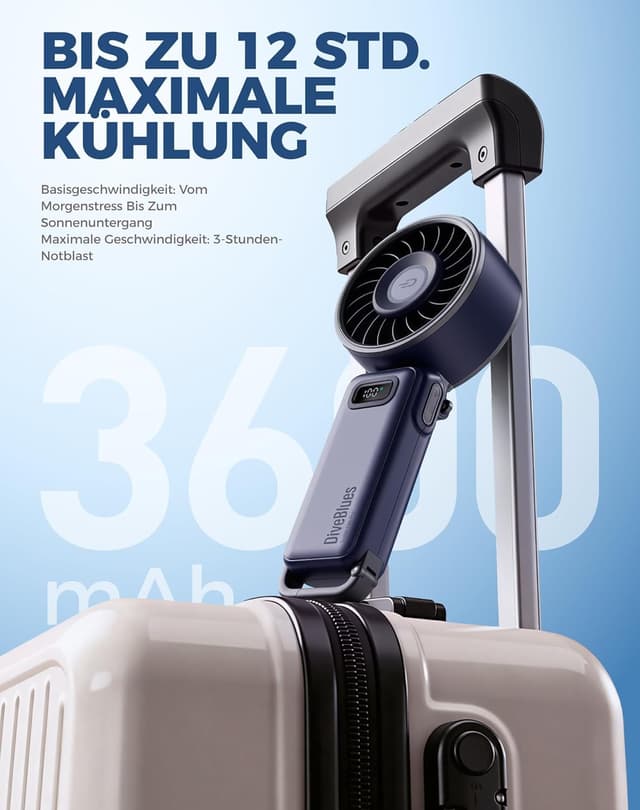 Detalle 2 de Diveblues Handventilator Turbo mit 100 Stufen und 4-in-1 Faltdesign – tragbar, USB-C, 7,4 m/s
